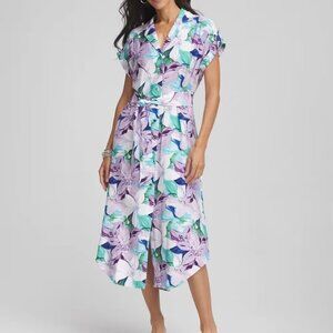 Chicos Women Midi Dress Size XL Floral Belted Shirtdress Tropical Boho Resort